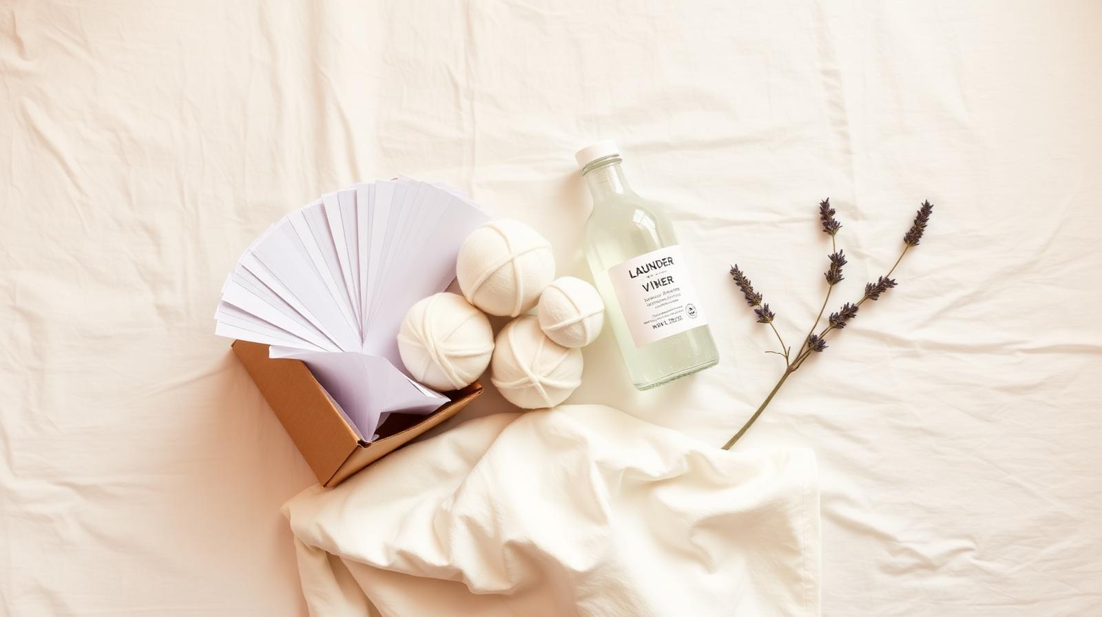 Eco laundry essentials flat-lay with detergent strips, wool dryer balls, and white vinegar