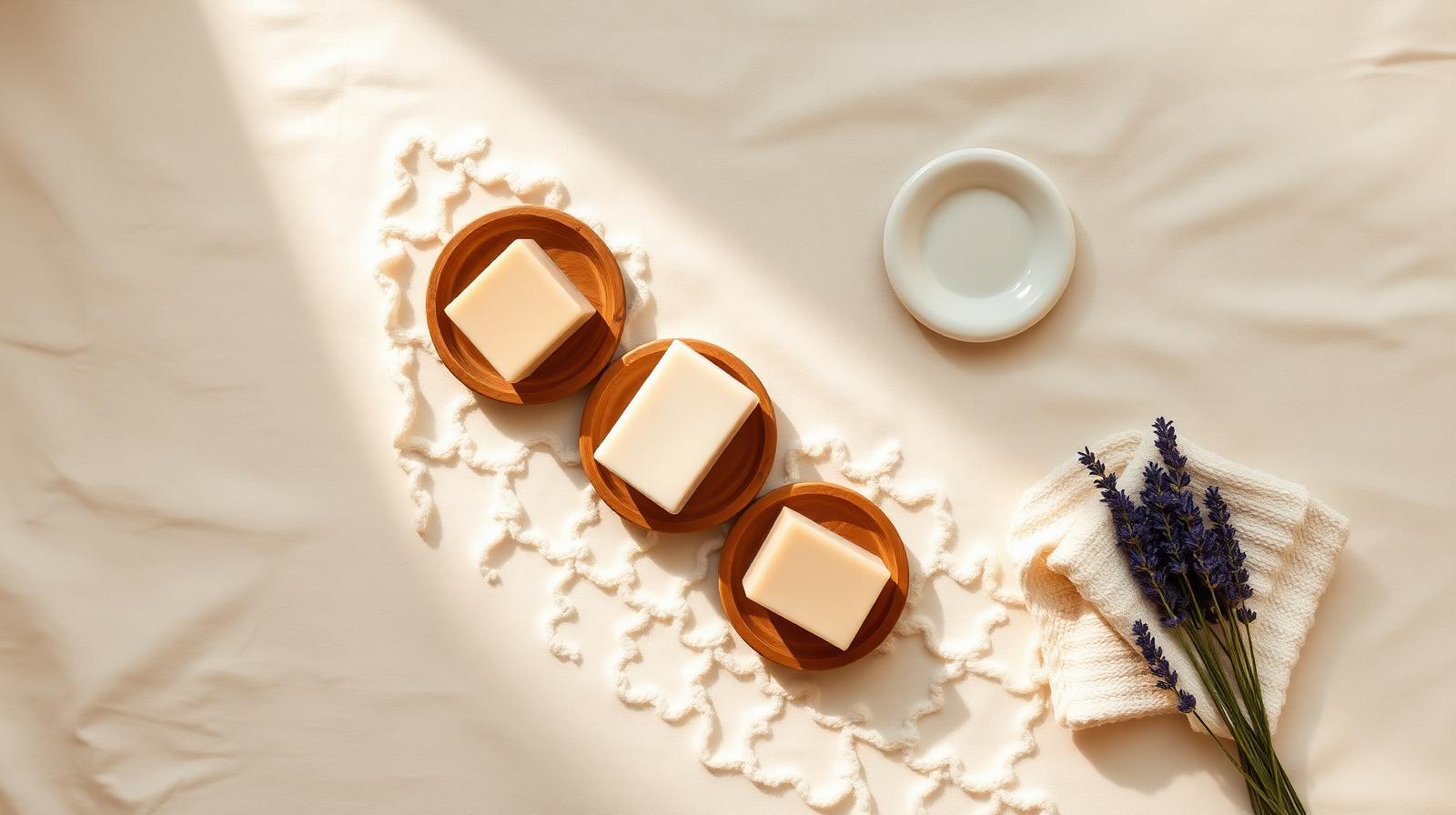 Natural shampoo and conditioner bars on wooden dishes with linen flannel