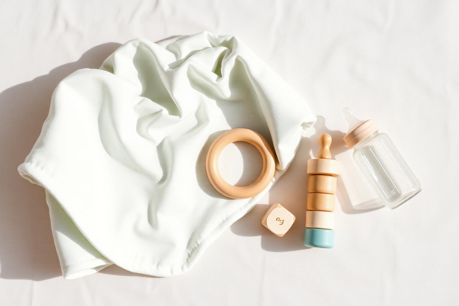 Plastic-free baby essentials flat-lay with a glass bottle, wooden teether and organic cotton blanket