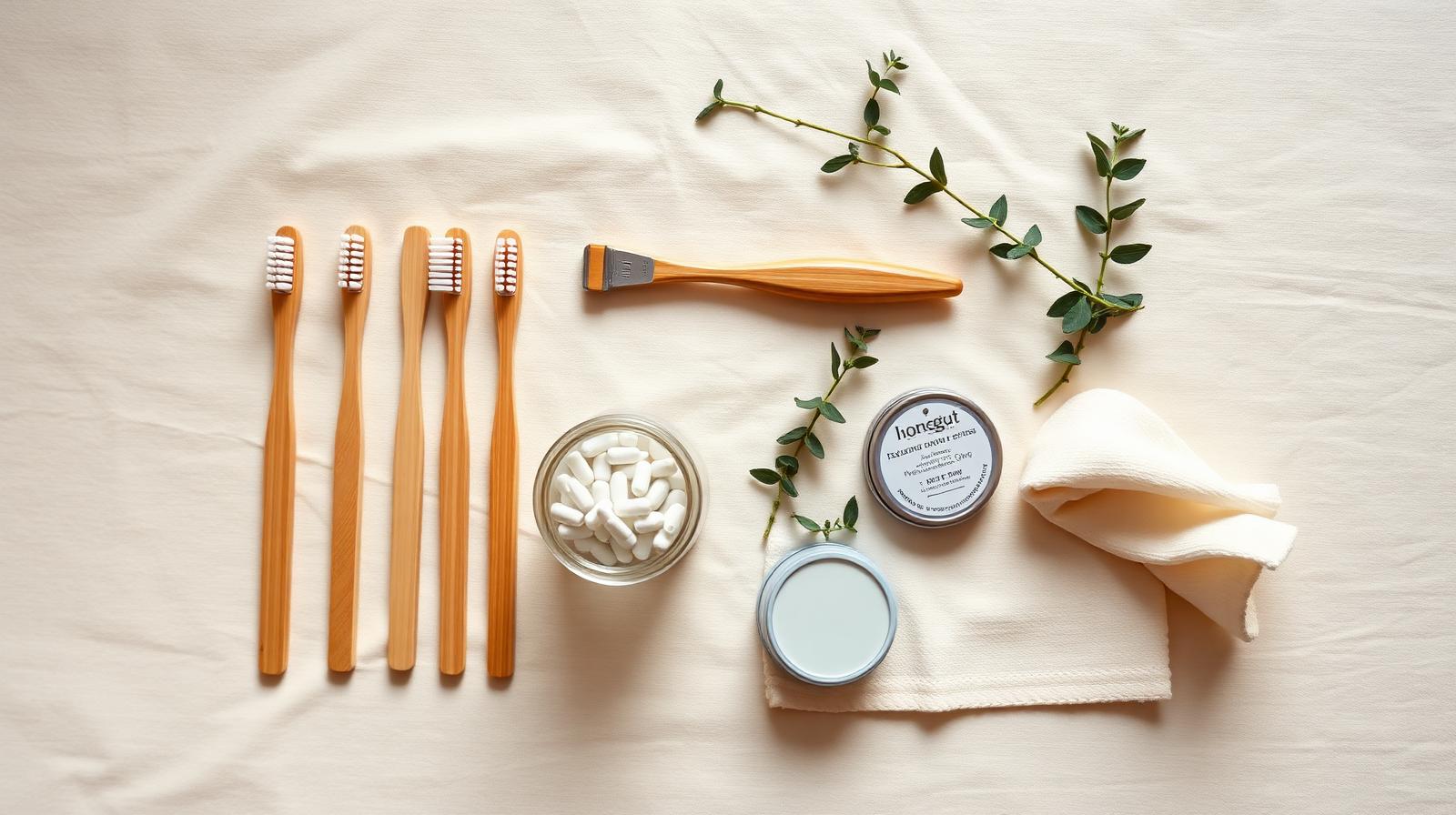 Plastic-free bathroom flat-lay with bamboo toothbrushes, tooth tabs, safety razor, and deodorant tin