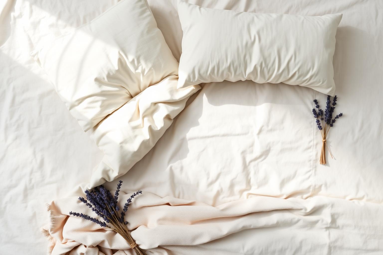 Plastic-free bedding flat-lay with organic cotton sheets, a wool duvet and a natural latex pillow