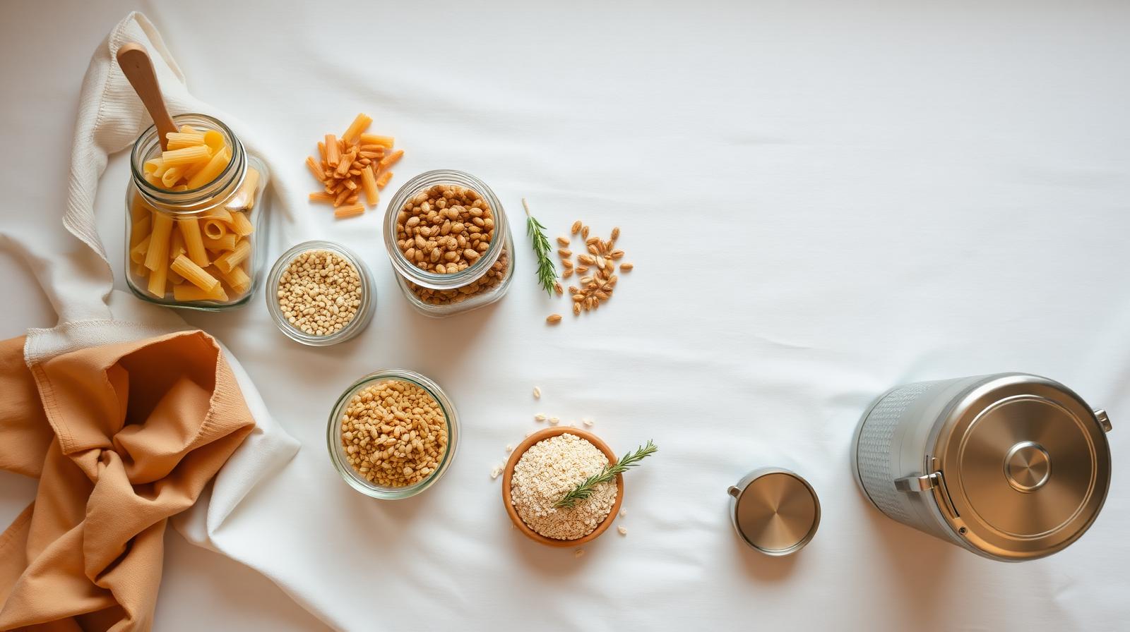 Plastic-free food storage flat-lay with glass mason jars, beeswax wraps, and stainless canisters