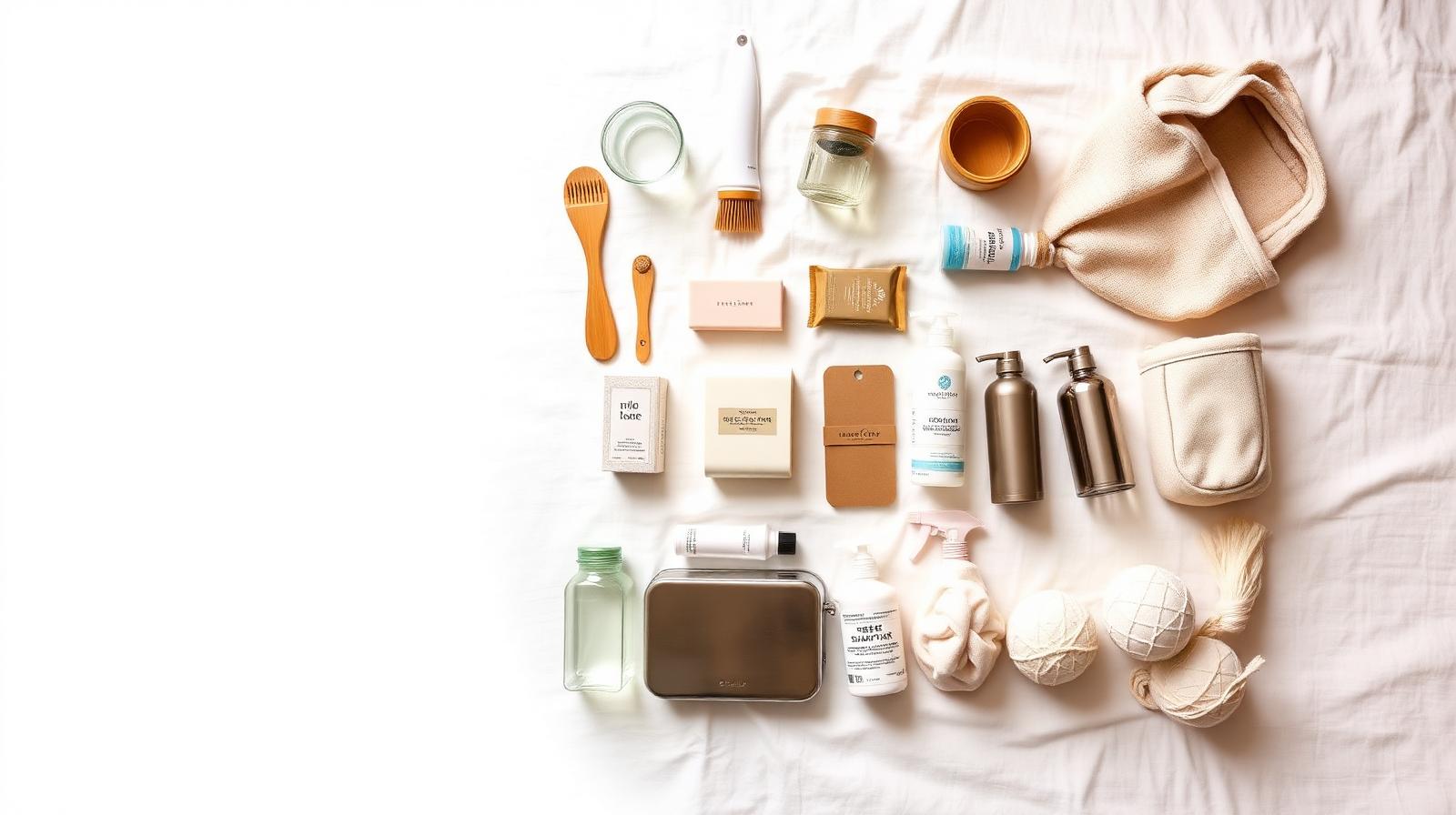 Whole-home plastic-free starter kit knolling overview with jars, brushes, wraps, and refill bottles