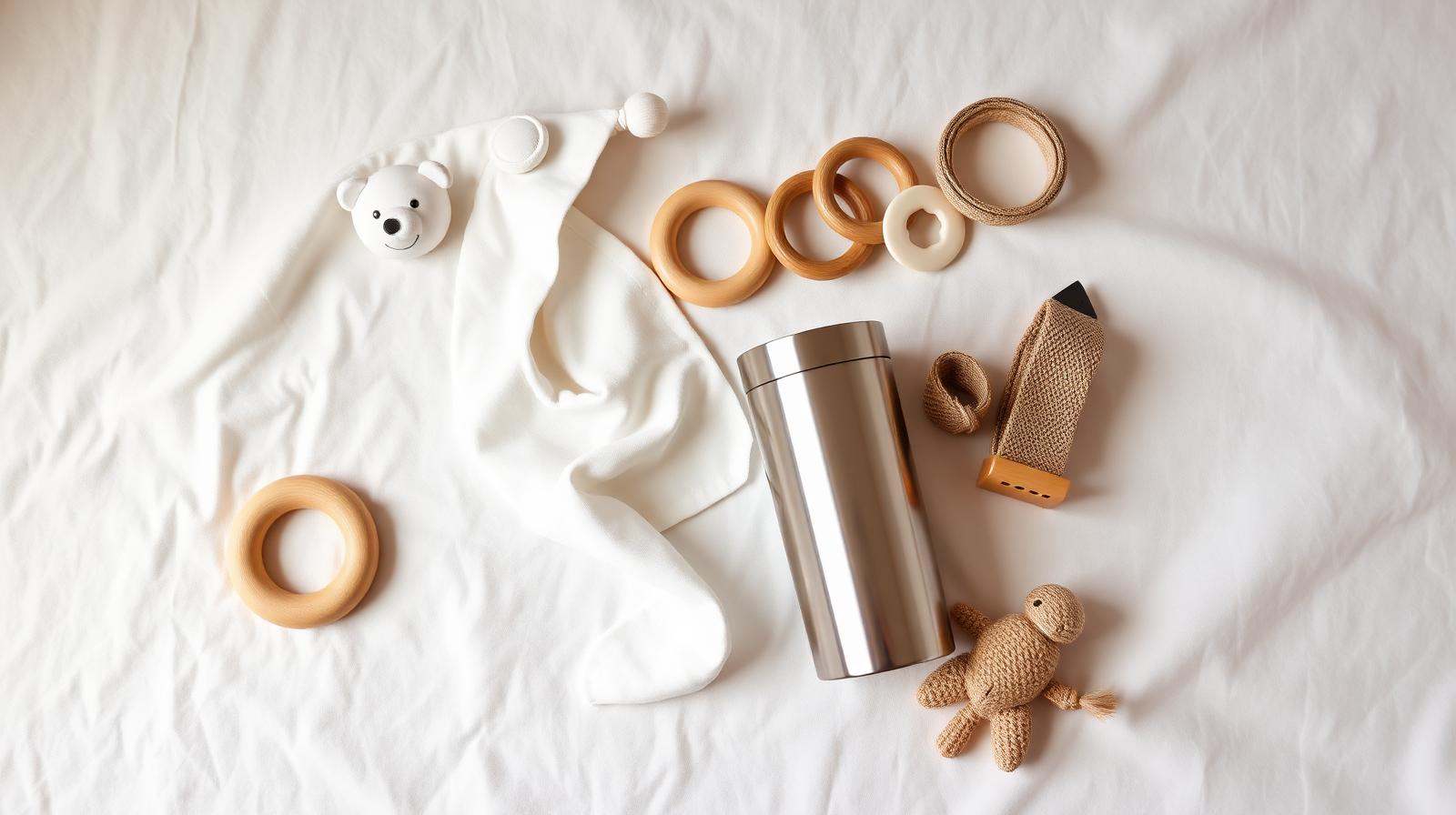 Plastic-free kids and pets essentials with organic cotton bib, wooden teether, and hemp pet collar