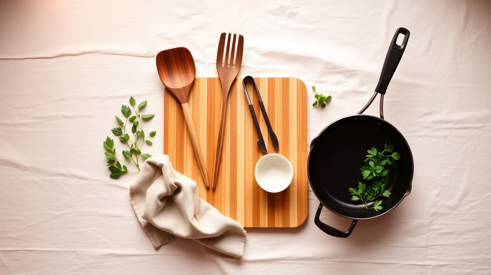 Plastic-free kitchen flat-lay with bamboo utensils, wooden chopping board, and cast iron pan