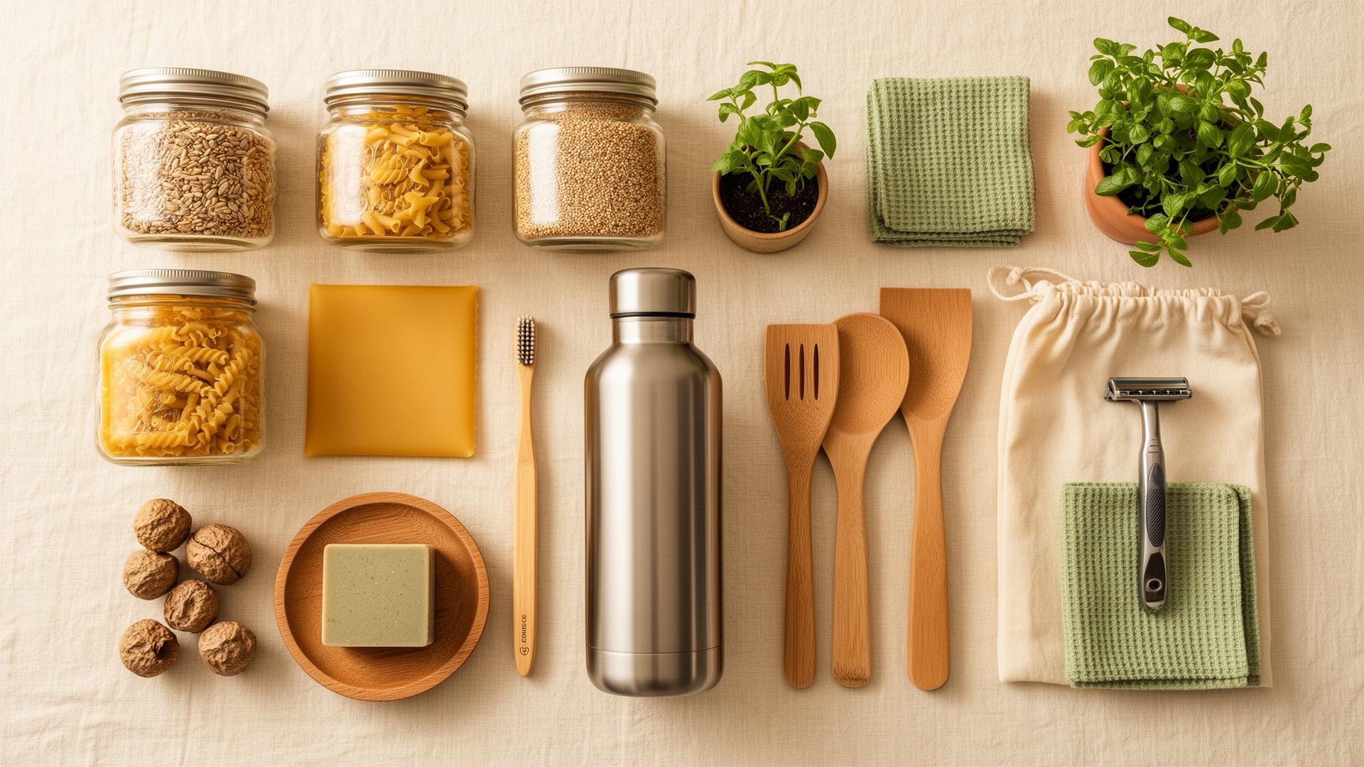 Top-down flat-lay of plastic-free home essentials — glass jars, bamboo utensils, beeswax wraps, shampoo bar, stainless bottle and produce bag