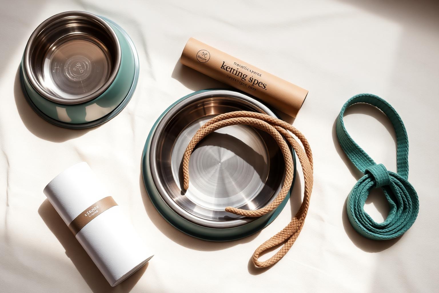 Plastic-free pet essentials flat-lay with stainless bowl, hemp leash and natural rubber chew toy