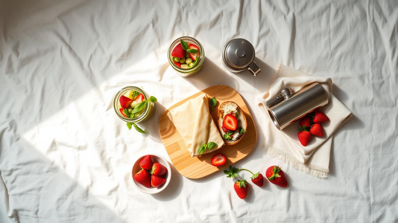 Plastic-free picnic spread with beeswax-wrapped sandwich, glass jar salad, and stainless flask