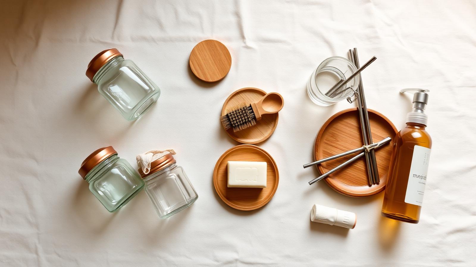 Curated plastic-free shop flat-lay with glass jars, soap bar, bamboo brush, and stainless straws
