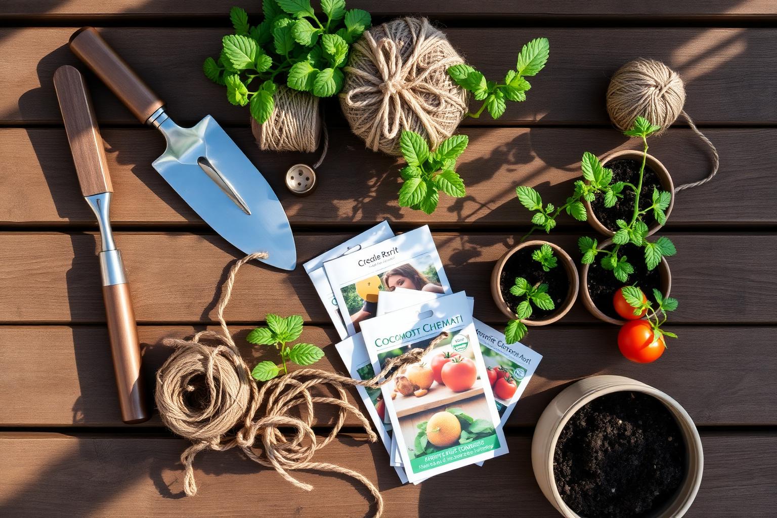 Plastic-free vegetable gardening flat-lay with peat-free compost, coir pots, jute twine, seed packets and stainless trowel