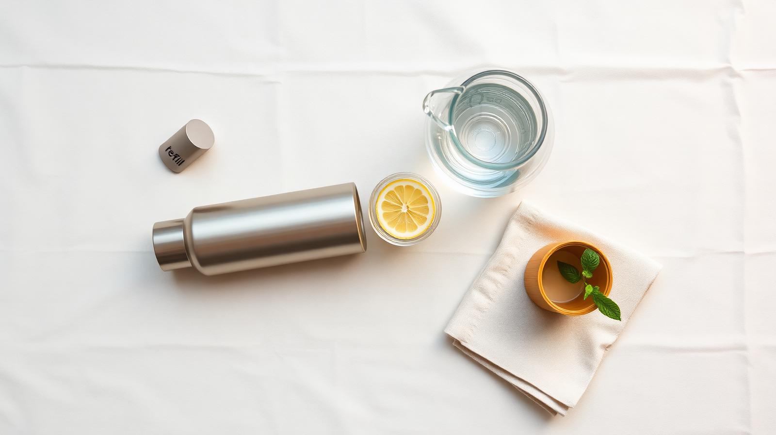 Reusable stainless steel water bottle with glass carafe and refill setup