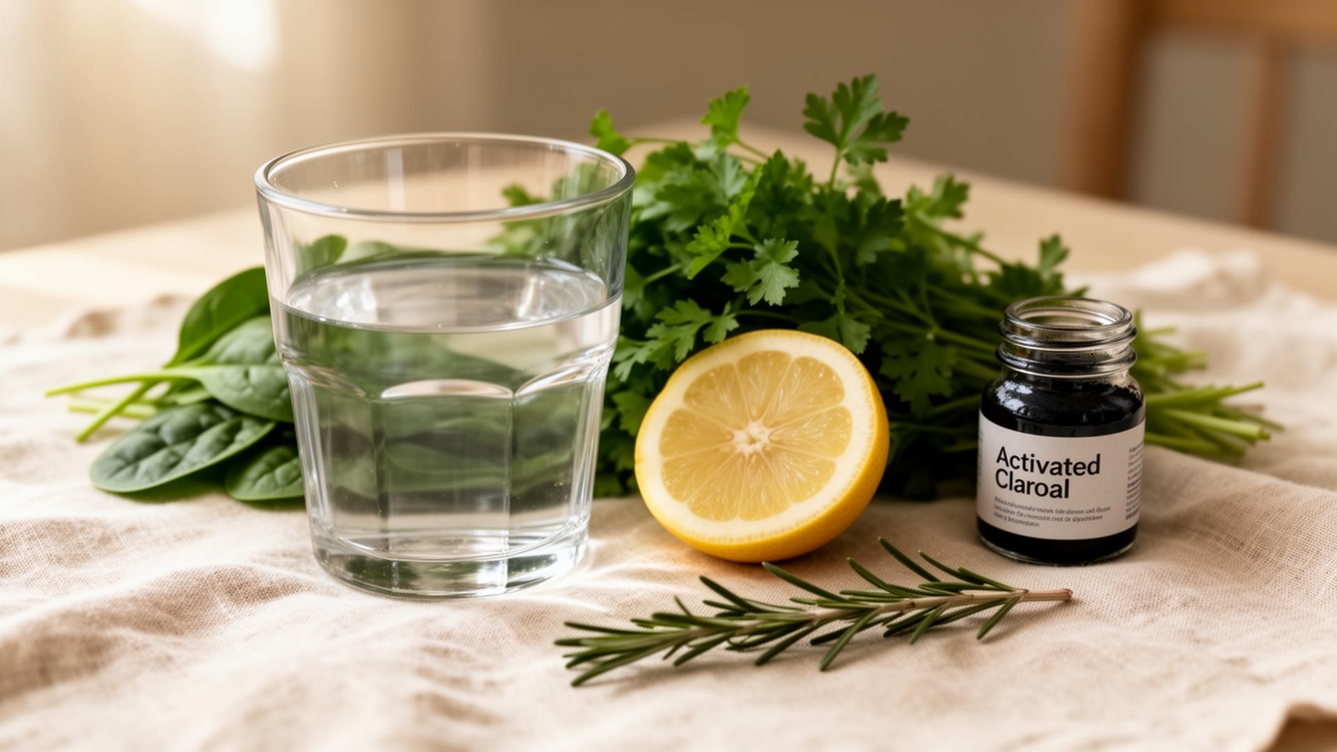 Naturopathic still life: glass of water, fresh greens, lemon and activated charcoal in soft daylight