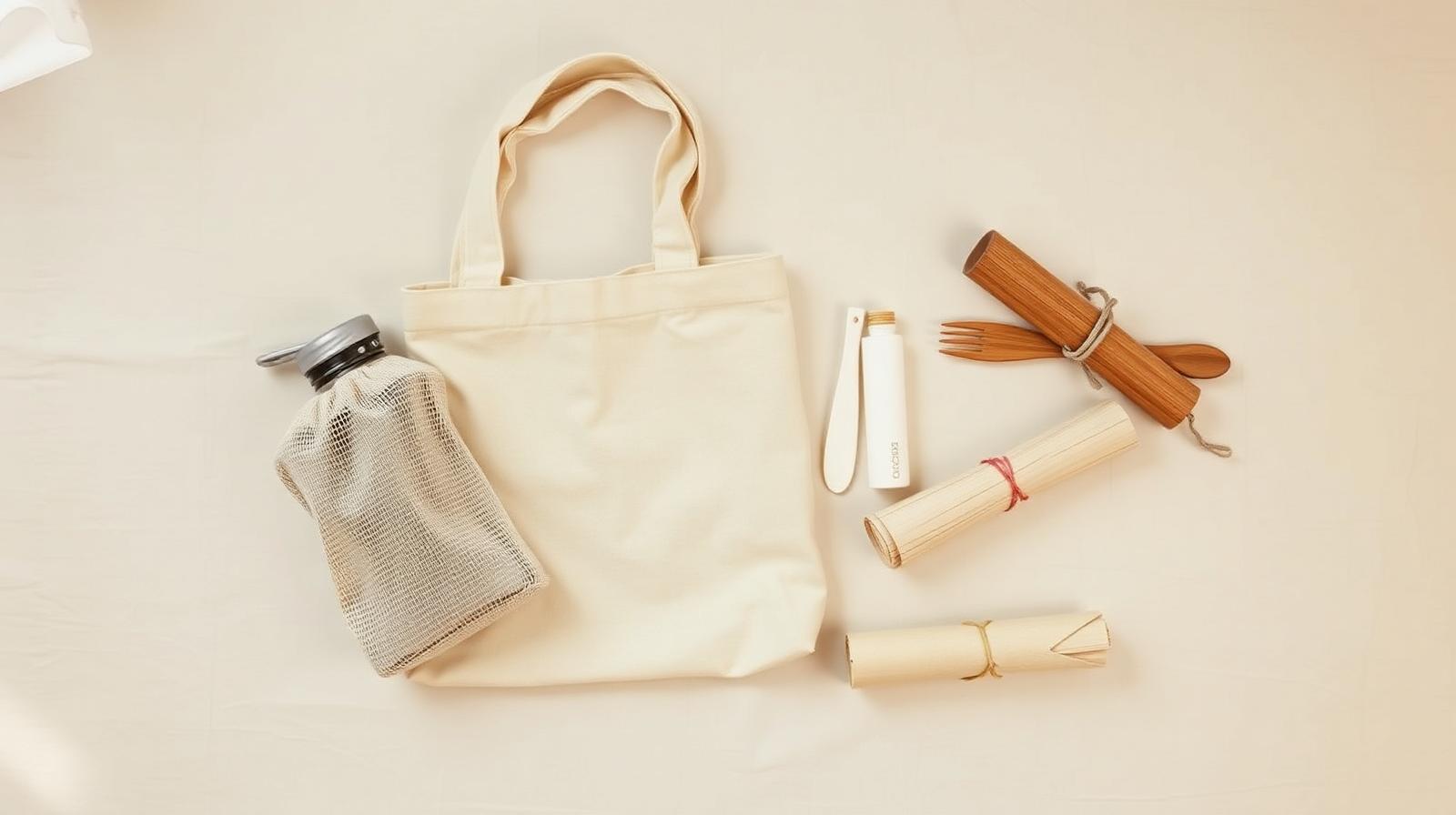 Reusable canvas tote, mesh produce bag, stainless bottle, and bamboo cutlery roll for on-the-go shopping