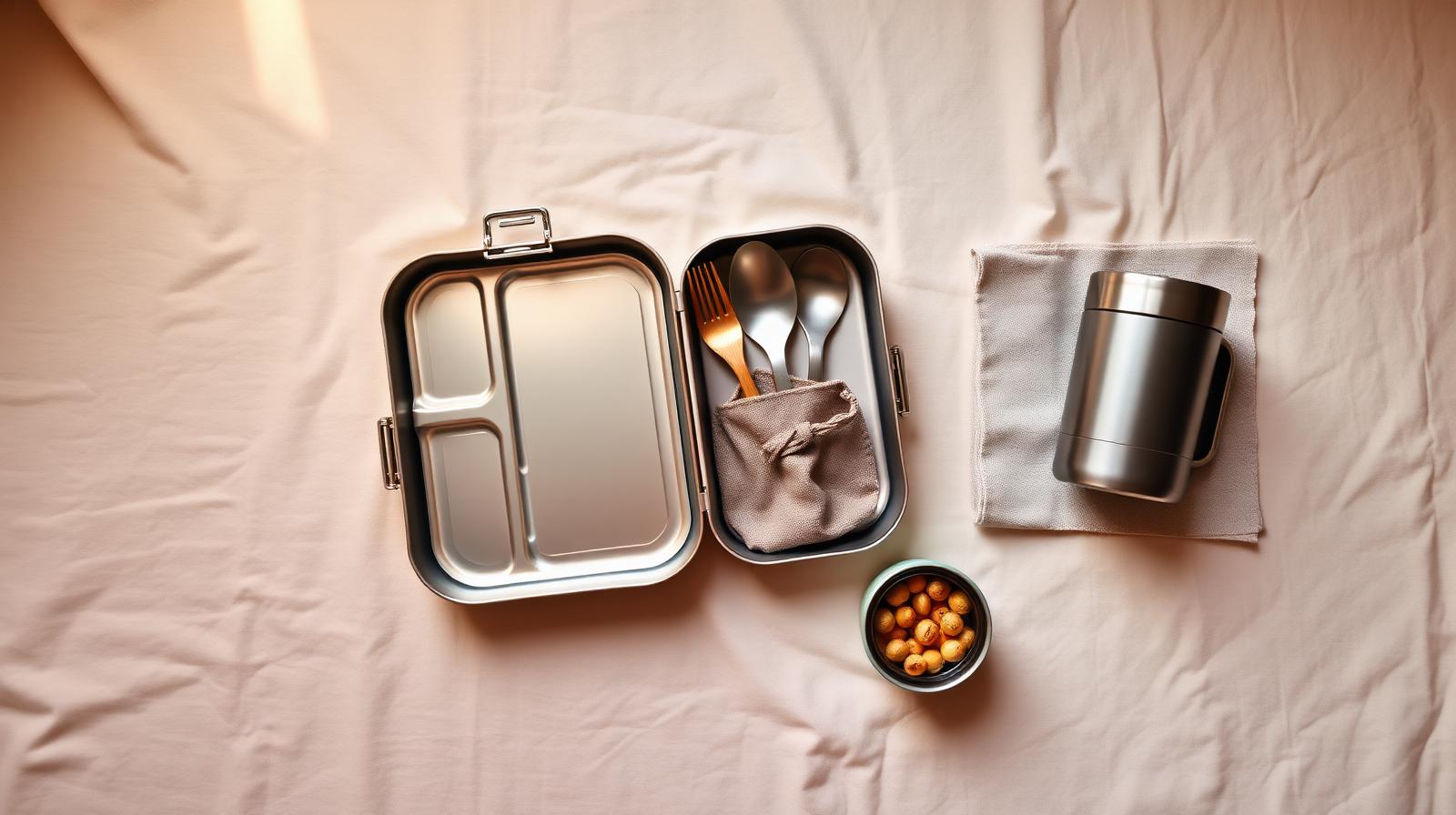 Stainless steel bento lunch tin with bamboo cutlery roll and insulated travel mug